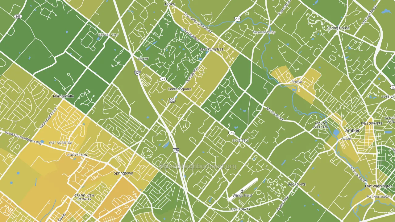 Map of the best neighborhoods in the 19422 area, with better matches in green and worse matches in red