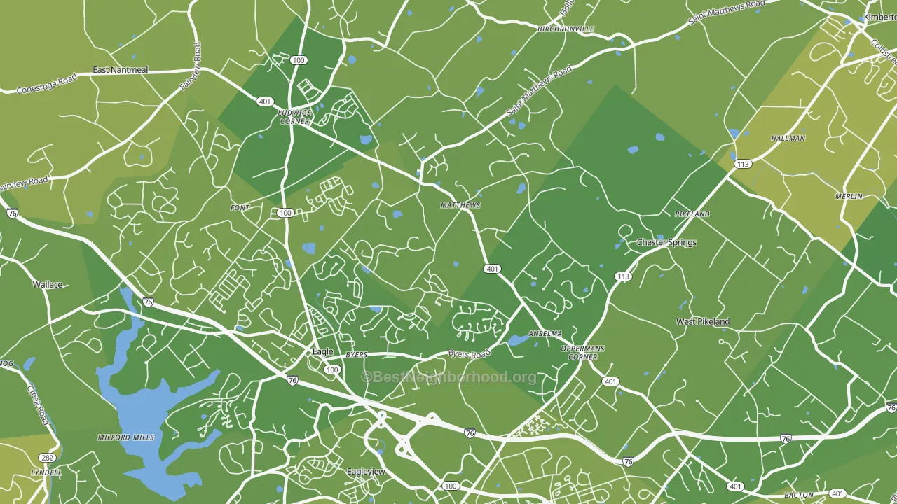 Map of the best neighborhoods in the 19425 area, with better matches in green and worse matches in red