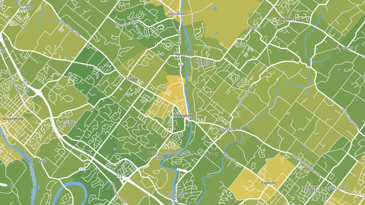 Map of the best neighborhoods in the 19426 area, with better matches in green and worse matches in red