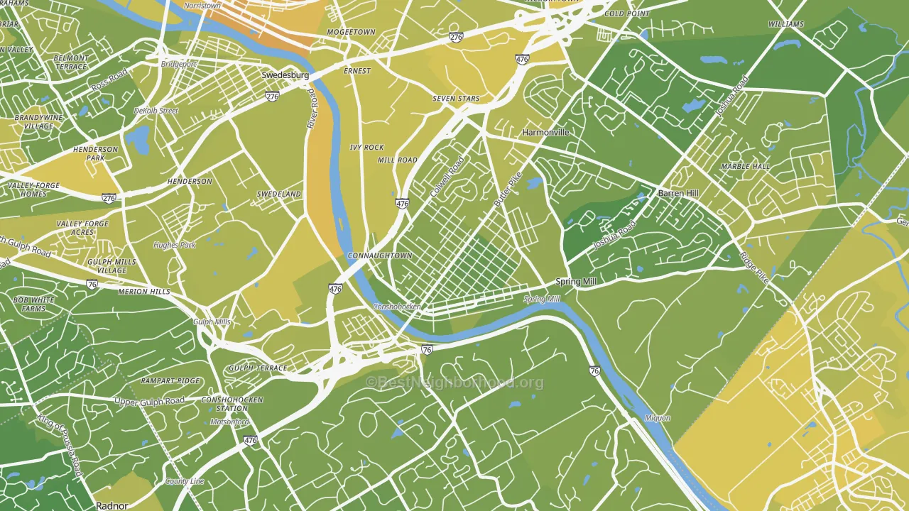 Map of the best neighborhoods in the 19428 area, with better matches in green and worse matches in red