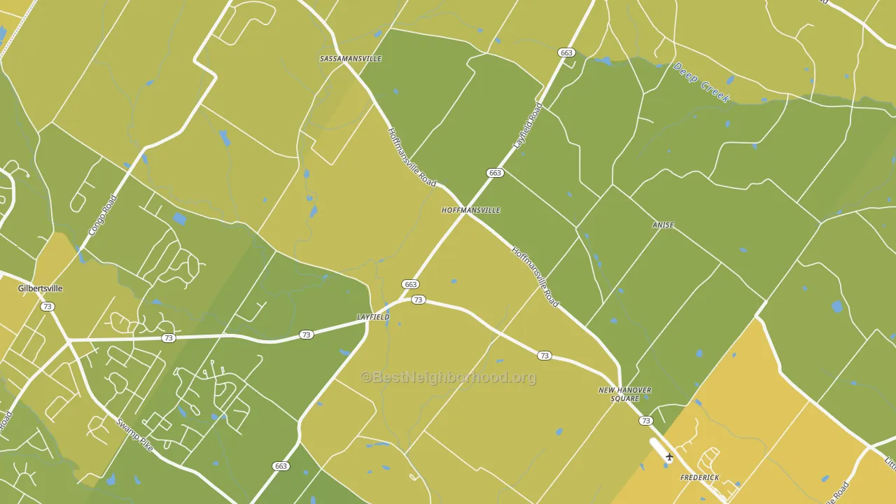 Map of the best neighborhoods in the 19435 area, with better matches in green and worse matches in red