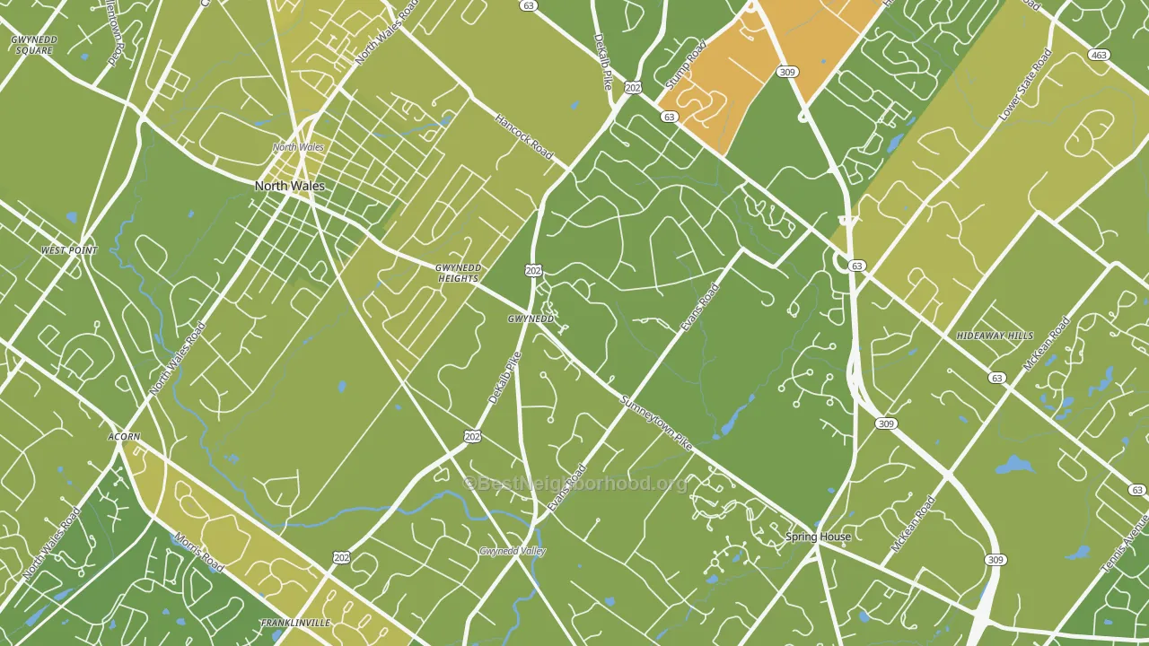 Map of the best neighborhoods in the 19436 area, with better matches in green and worse matches in red