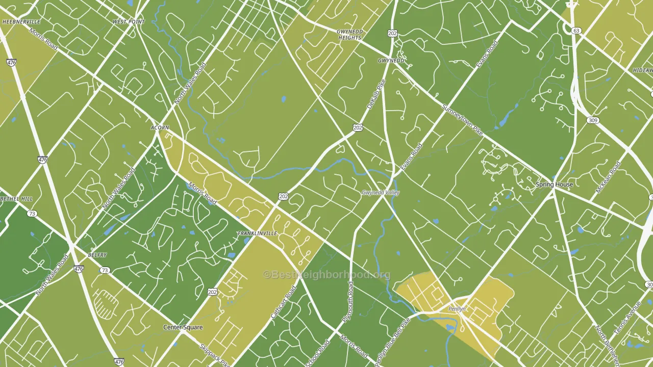Map of the best neighborhoods in the 19437 area, with better matches in green and worse matches in red