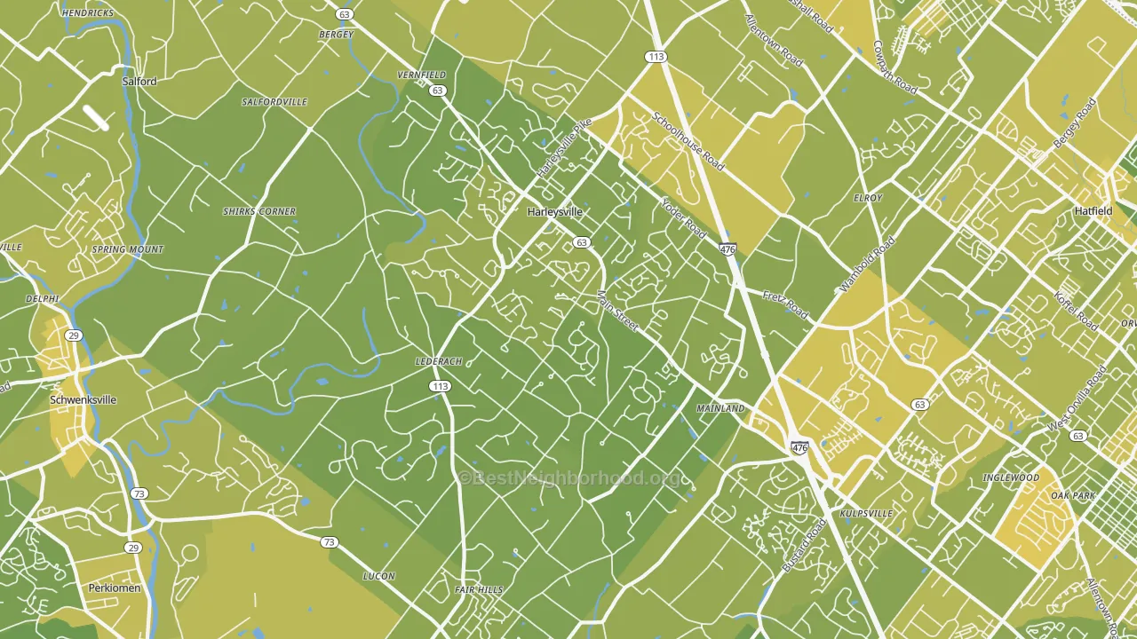 Map of the best neighborhoods in the 19438 area, with better matches in green and worse matches in red