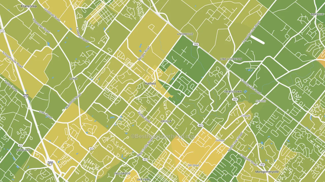 Map of the best neighborhoods in the 19440 area, with better matches in green and worse matches in red