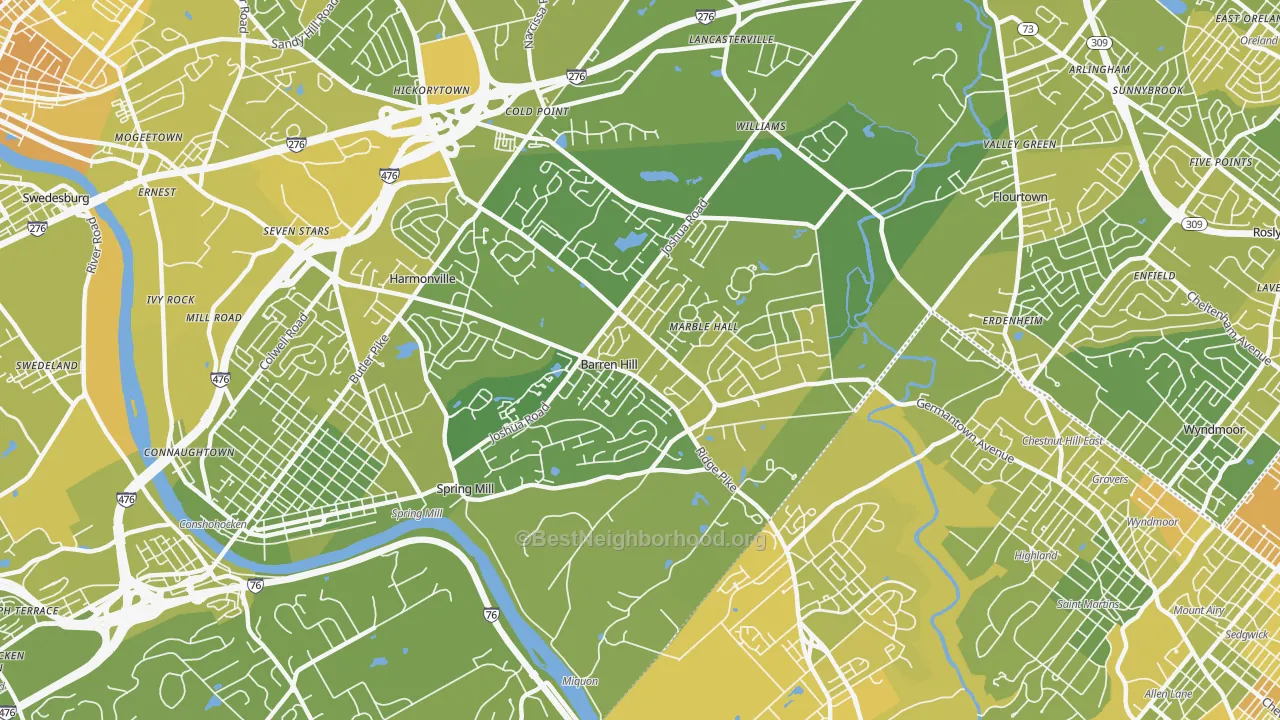 Map of the best neighborhoods in the 19444 area, with better matches in green and worse matches in red