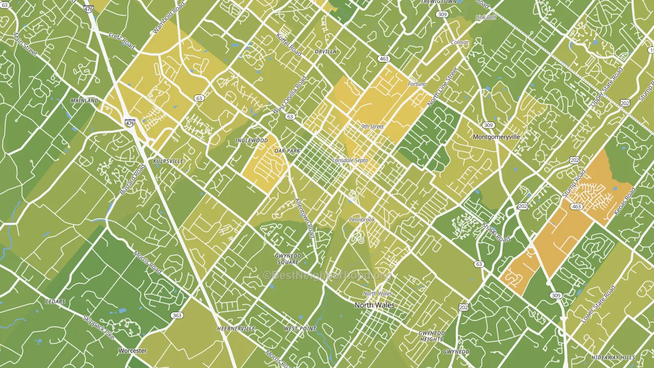 Map of the best neighborhoods in the 19446 area, with better matches in green and worse matches in red
