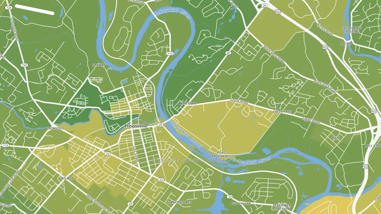 Map of the best neighborhoods in the 19453 area, with better matches in green and worse matches in red