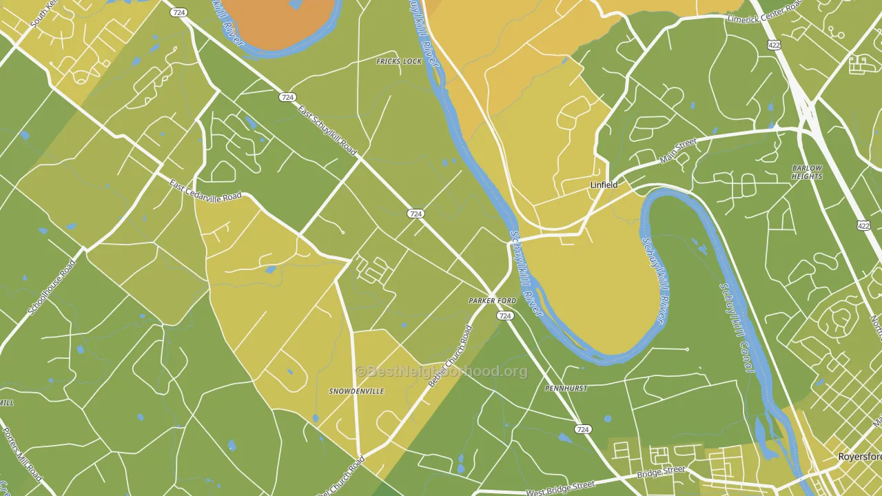 Map of the best neighborhoods in the 19457 area, with better matches in green and worse matches in red