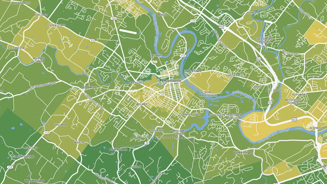 Map of the best neighborhoods in the 19460 area, with better matches in green and worse matches in red