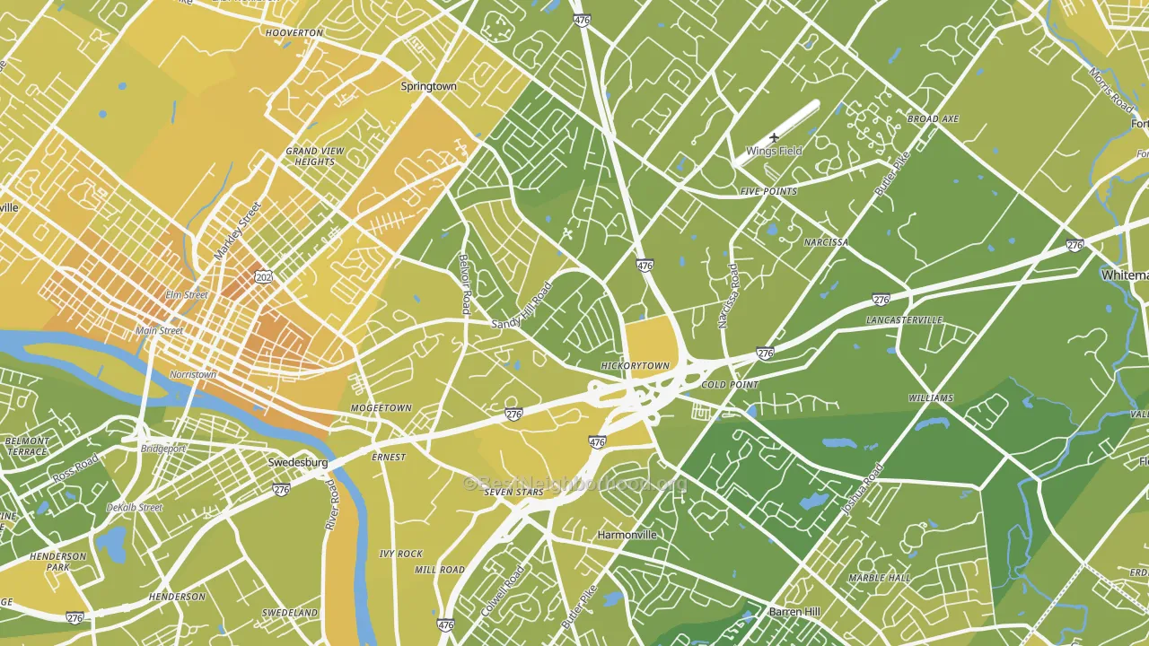 Map of the best neighborhoods in the 19462 area, with better matches in green and worse matches in red