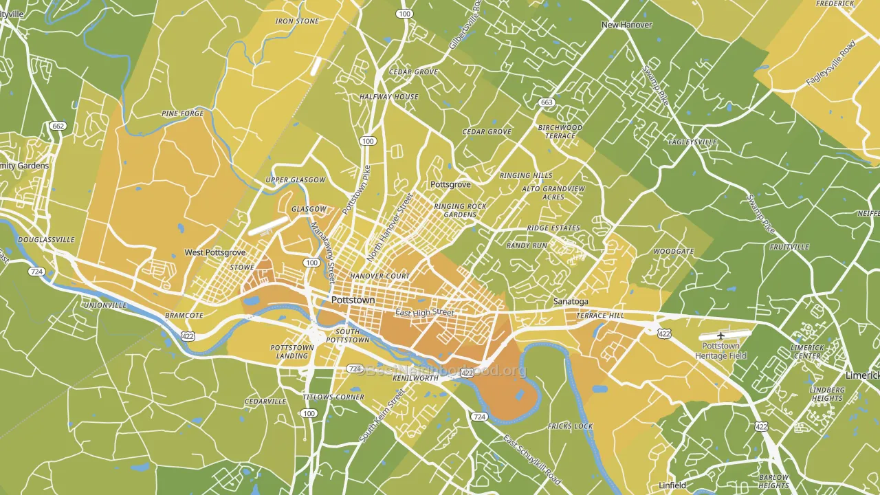Map of the best neighborhoods in the 19464 area, with better matches in green and worse matches in red