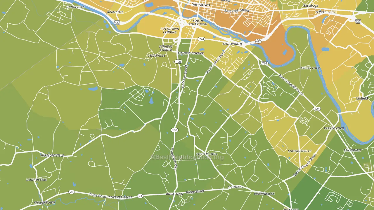 Map of the best neighborhoods in the 19465 area, with better matches in green and worse matches in red