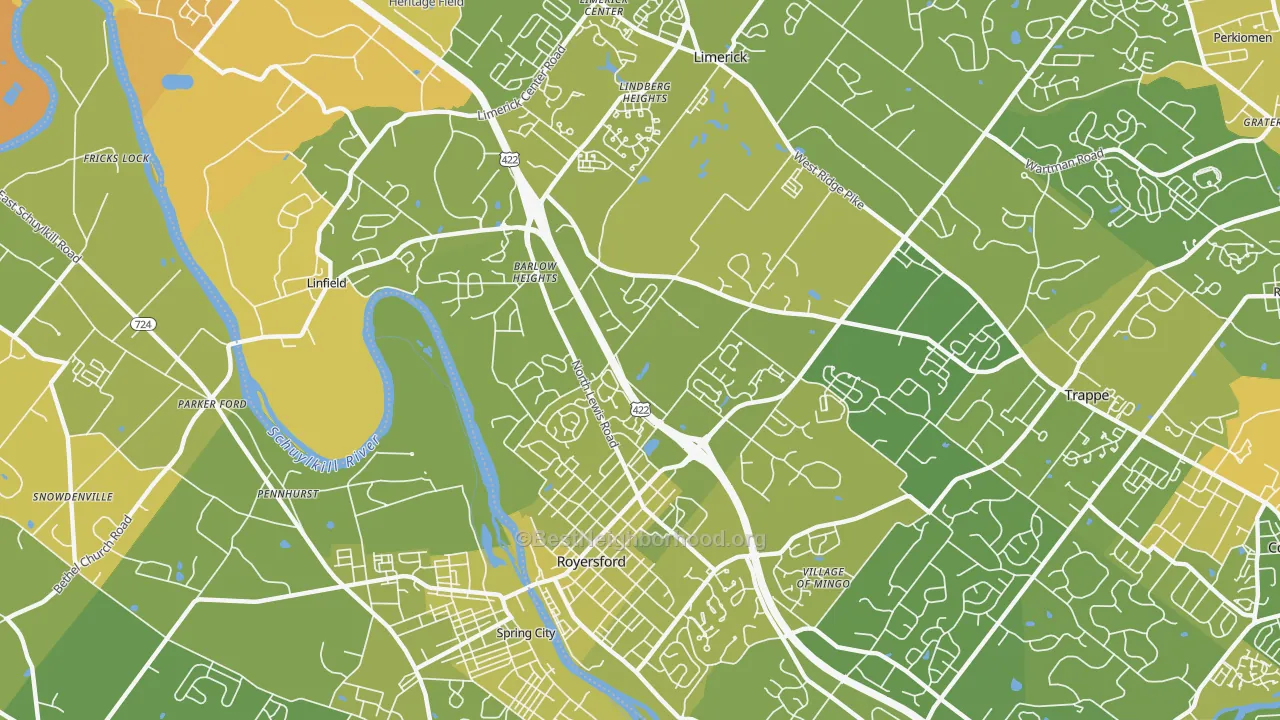 Map of the best neighborhoods in the 19468 area, with better matches in green and worse matches in red