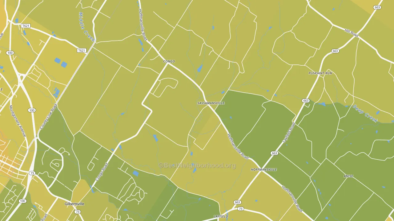 Map of the best neighborhoods in the 19472 area, with better matches in green and worse matches in red
