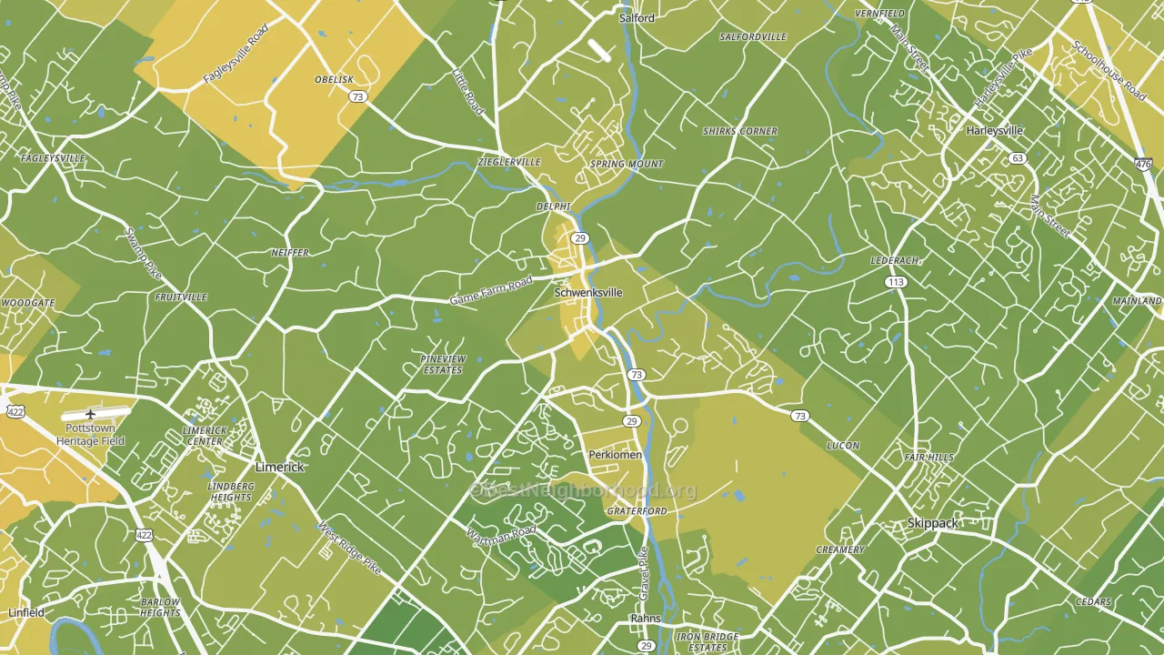 Map of the best neighborhoods in the 19473 area, with better matches in green and worse matches in red