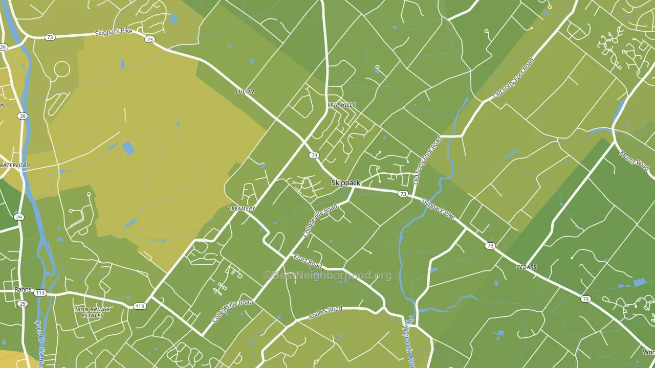 Map of the best neighborhoods in the 19474 area, with better matches in green and worse matches in red
