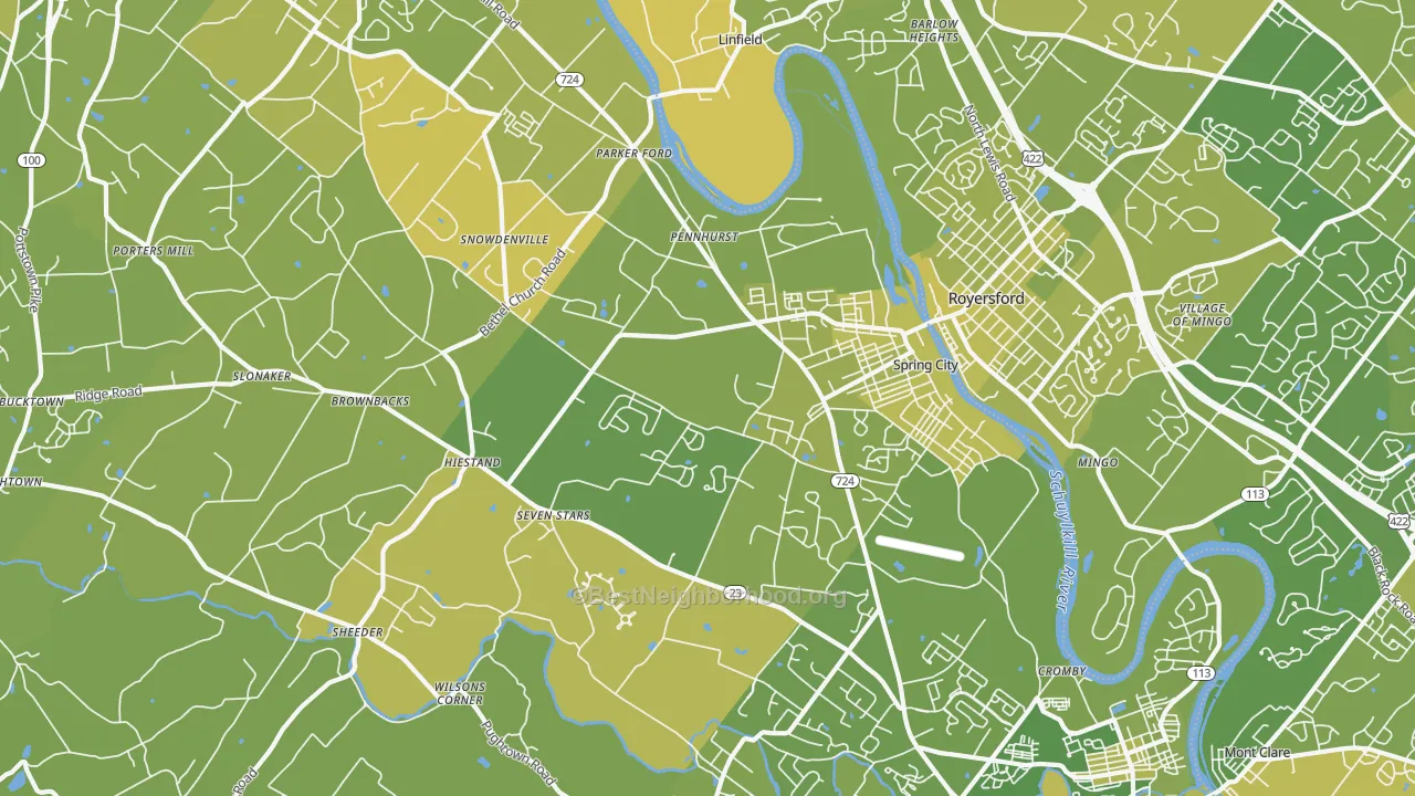 Map of the best neighborhoods in the 19475 area, with better matches in green and worse matches in red