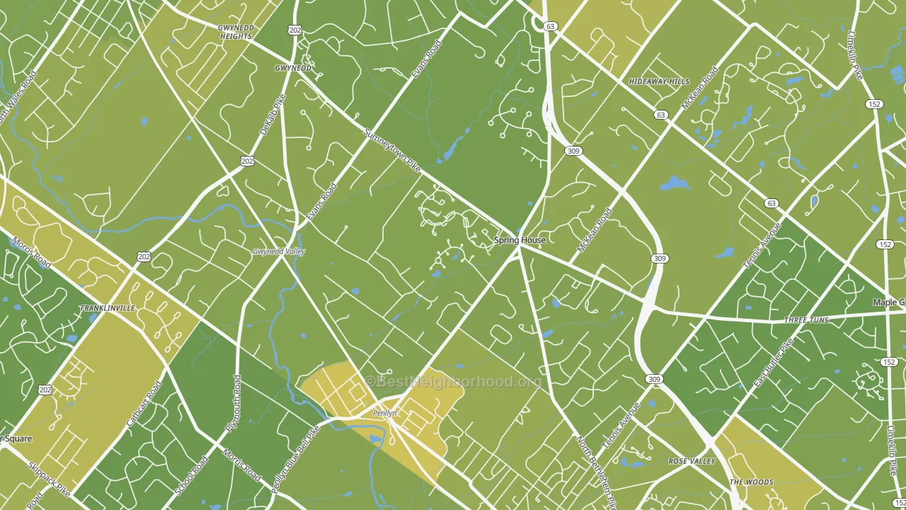 Map of the best neighborhoods in the 19477 area, with better matches in green and worse matches in red