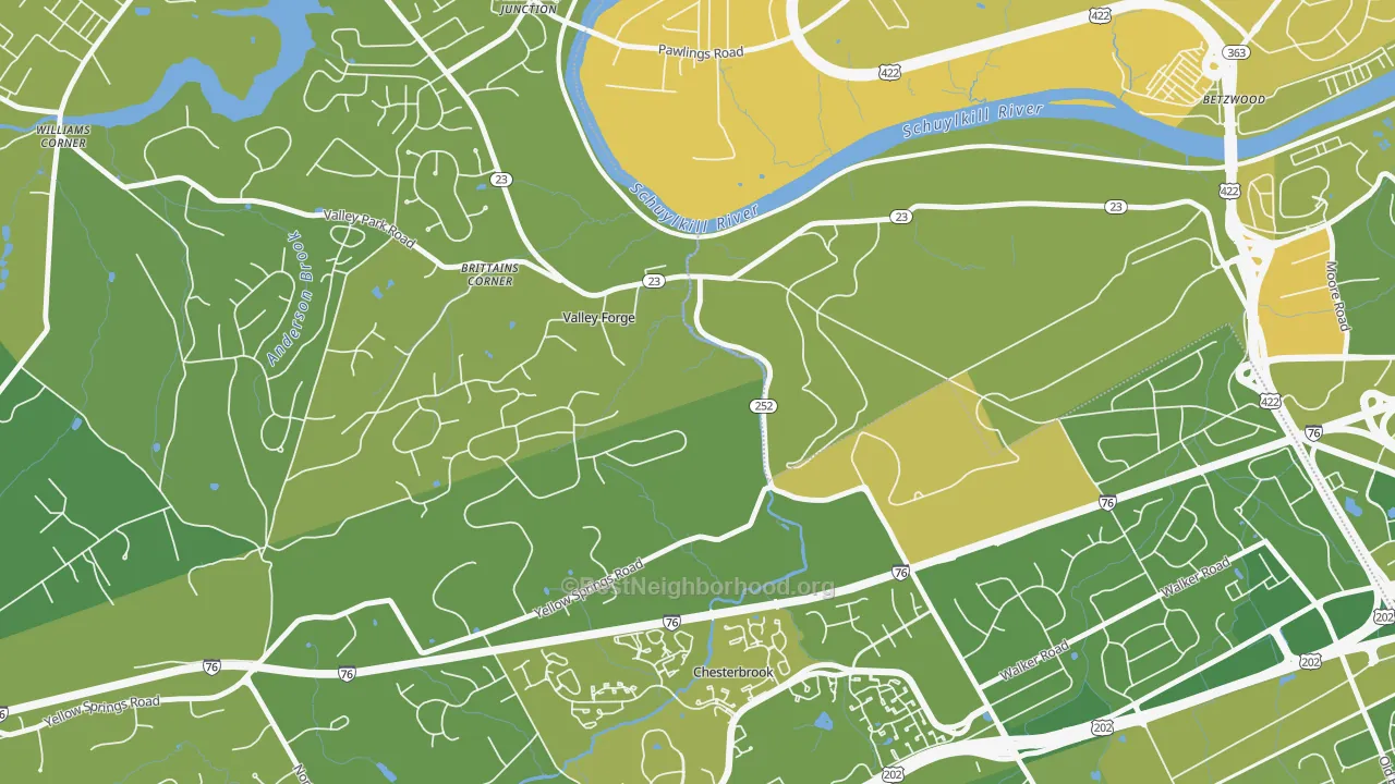 Map of the best neighborhoods in the 19481 area, with better matches in green and worse matches in red