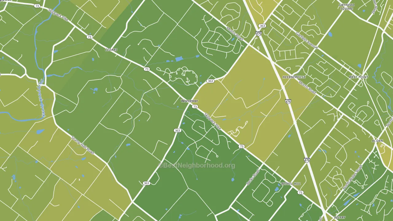 Map of the best neighborhoods in the 19490 area, with better matches in green and worse matches in red