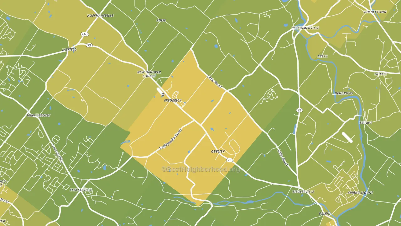 Map of the best neighborhoods in the 19492 area, with better matches in green and worse matches in red