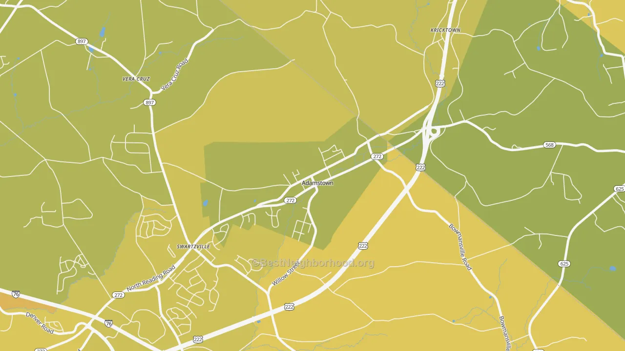 Map of the best neighborhoods in the 19501 area, with better matches in green and worse matches in red