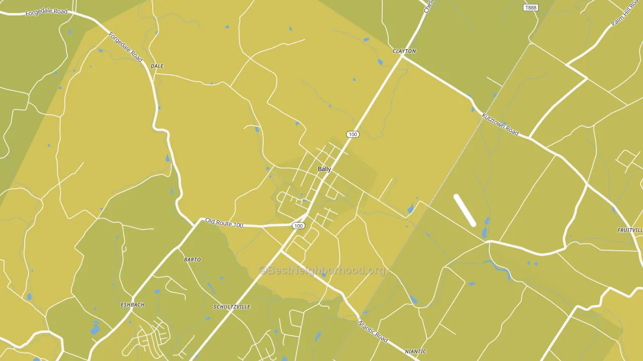 Map of the best neighborhoods in the 19503 area, with better matches in green and worse matches in red