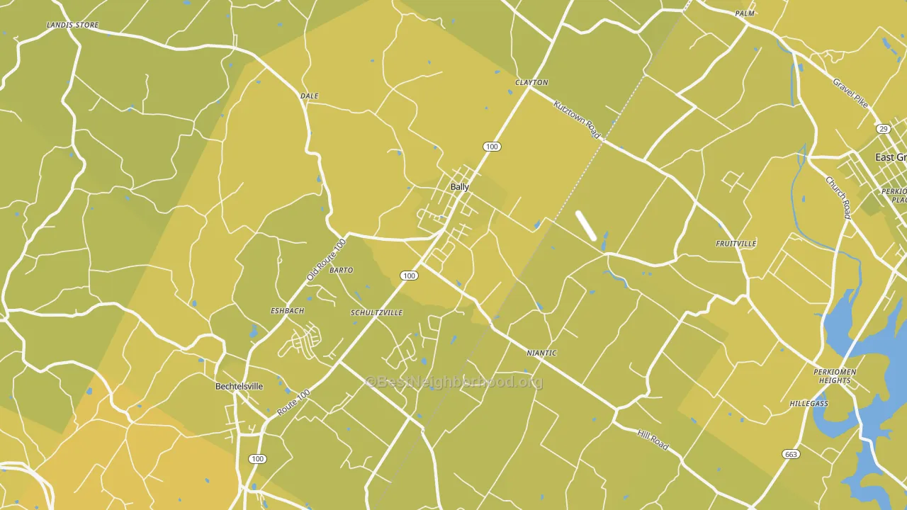 Map of the best neighborhoods in the 19504 area, with better matches in green and worse matches in red
