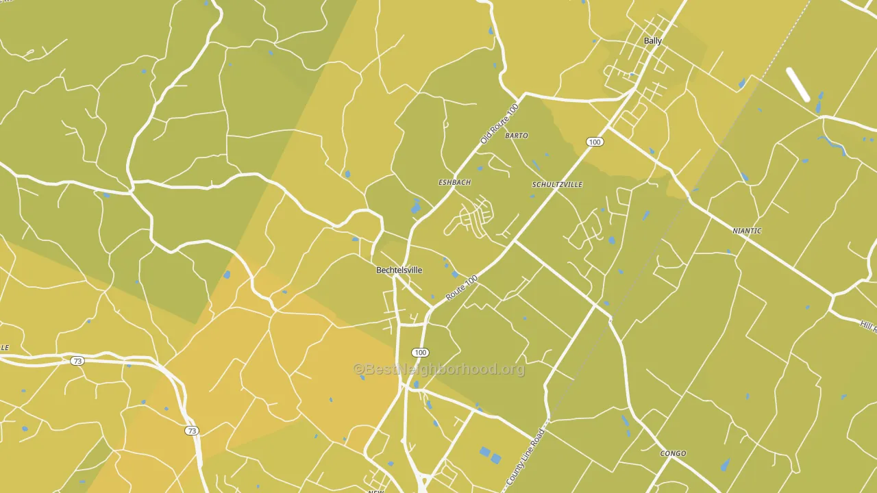 Map of the best neighborhoods in the 19505 area, with better matches in green and worse matches in red