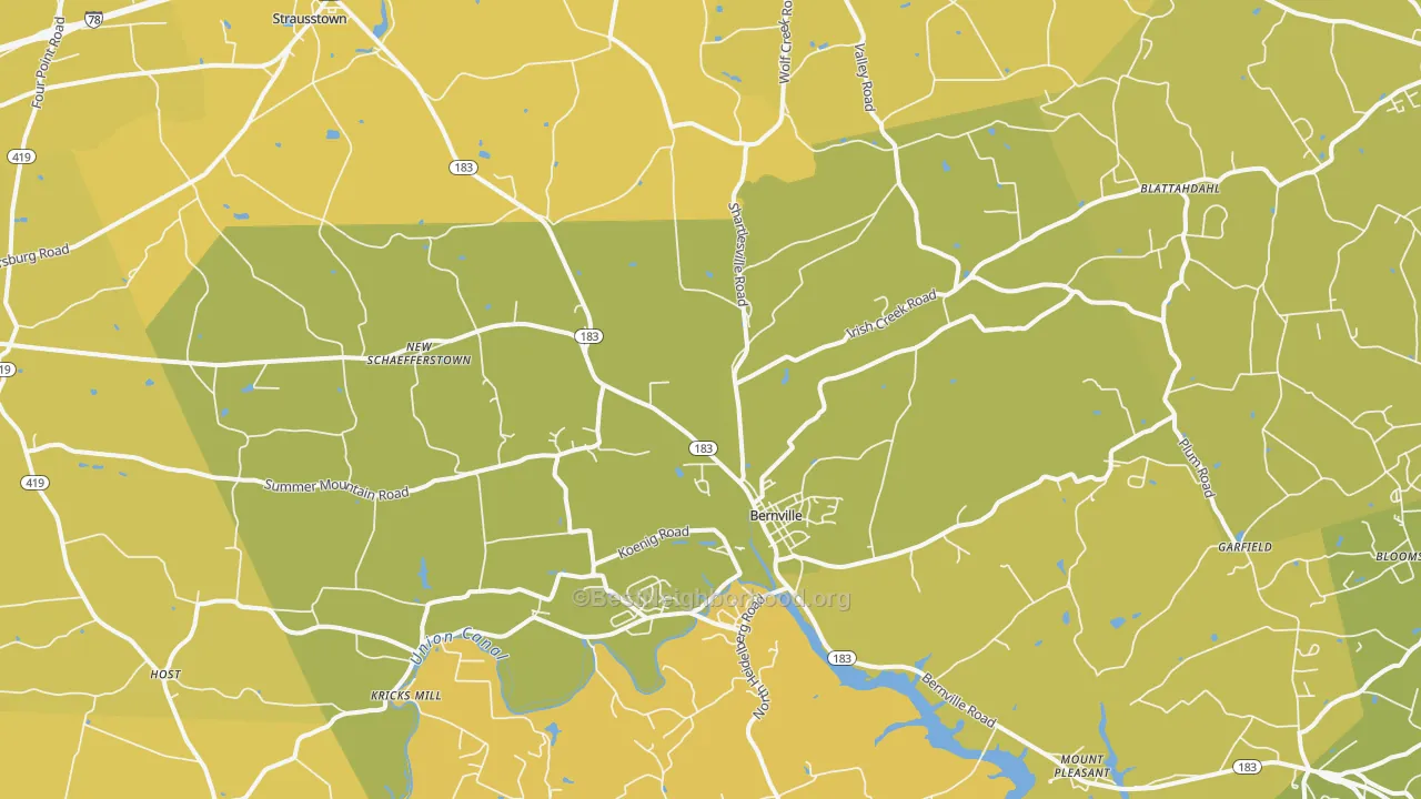Map of the best neighborhoods in the 19506 area, with better matches in green and worse matches in red
