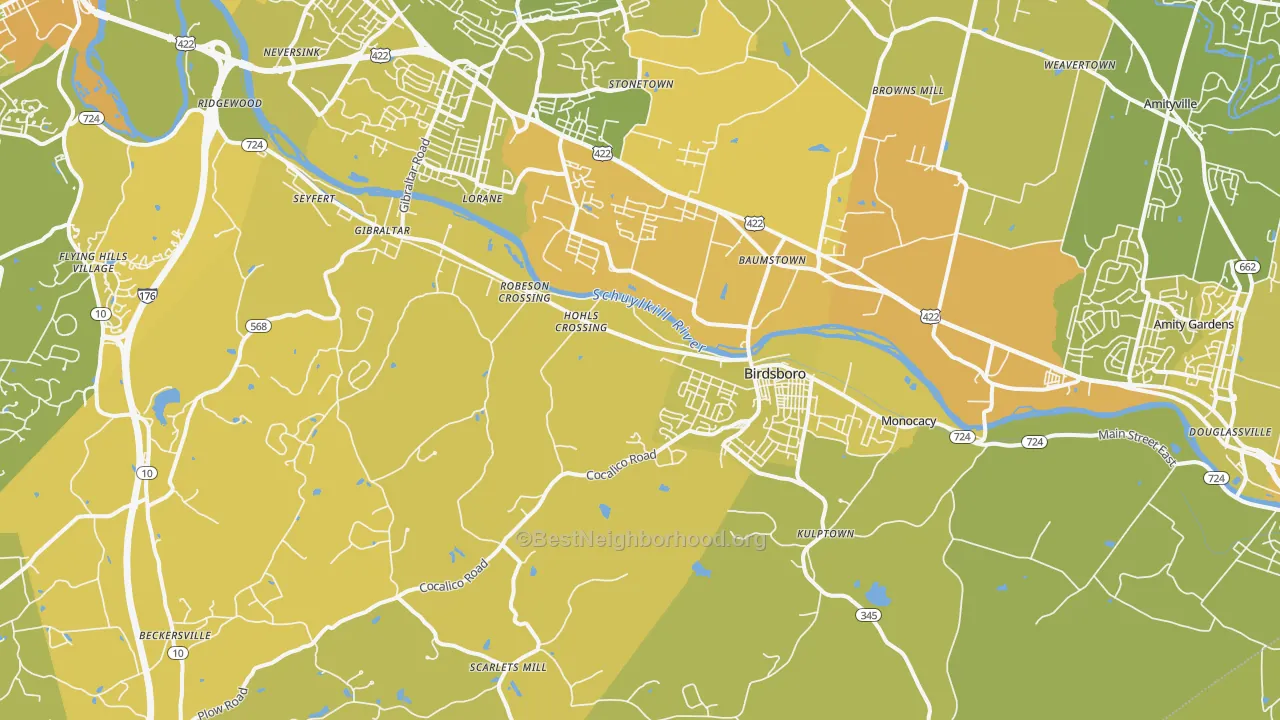 Map of the best neighborhoods in the 19508 area, with better matches in green and worse matches in red