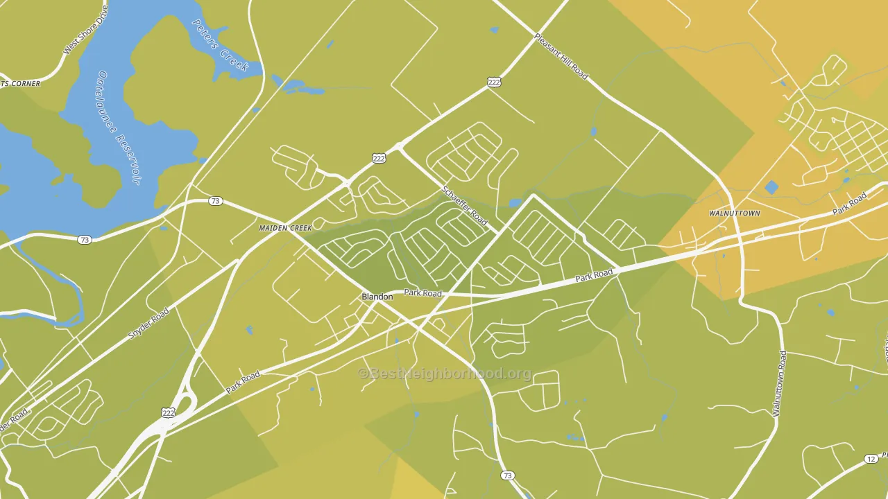 Map of the best neighborhoods in the 19510 area, with better matches in green and worse matches in red