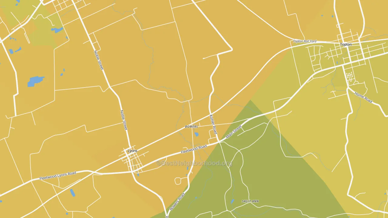 Map of the best neighborhoods in the 19511 area, with better matches in green and worse matches in red