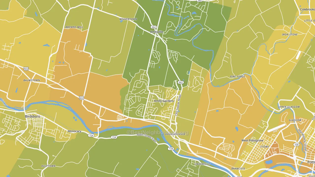 Map of the best neighborhoods in the 19518 area, with better matches in green and worse matches in red