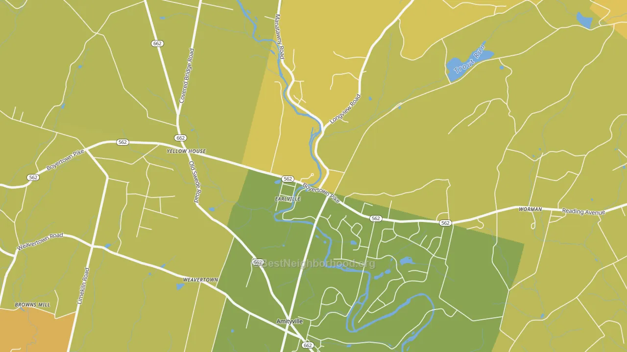 Map of the best neighborhoods in the 19519 area, with better matches in green and worse matches in red