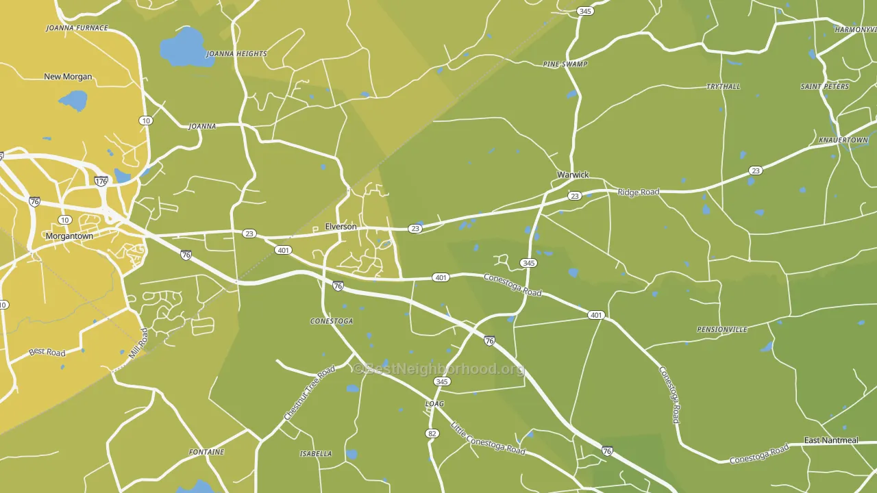 Map of the best neighborhoods in the 19520 area, with better matches in green and worse matches in red