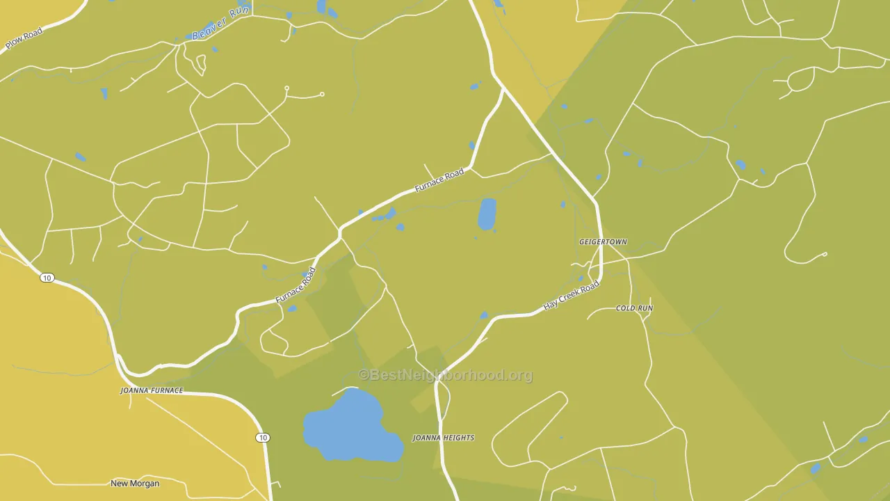 Map of the best neighborhoods in the 19523 area, with better matches in green and worse matches in red