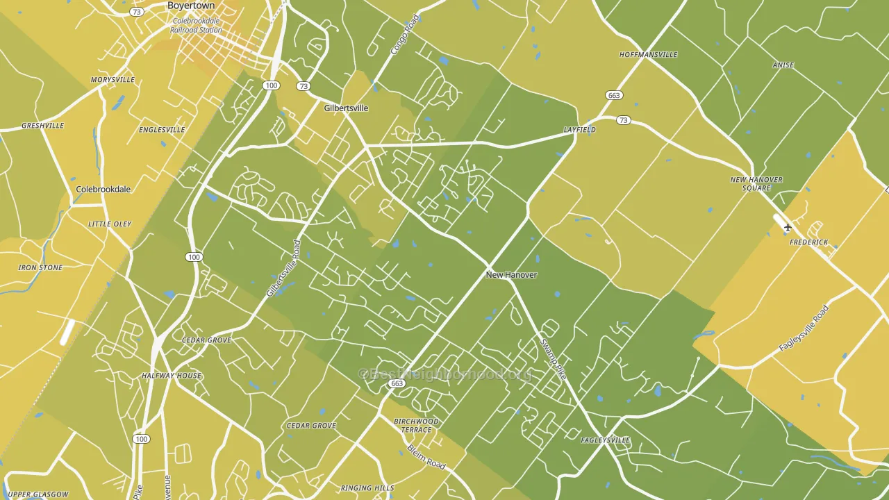 Map of the best neighborhoods in the 19525 area, with better matches in green and worse matches in red