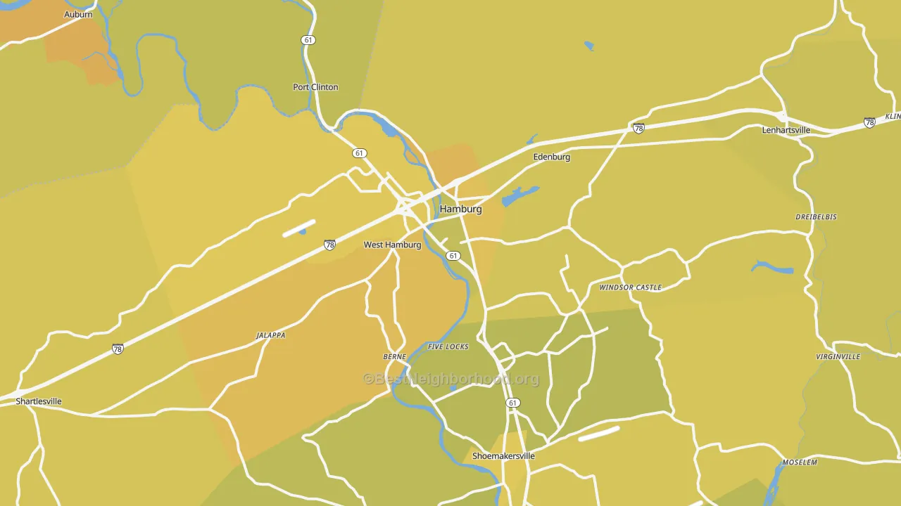 Map of the best neighborhoods in the 19526 area, with better matches in green and worse matches in red