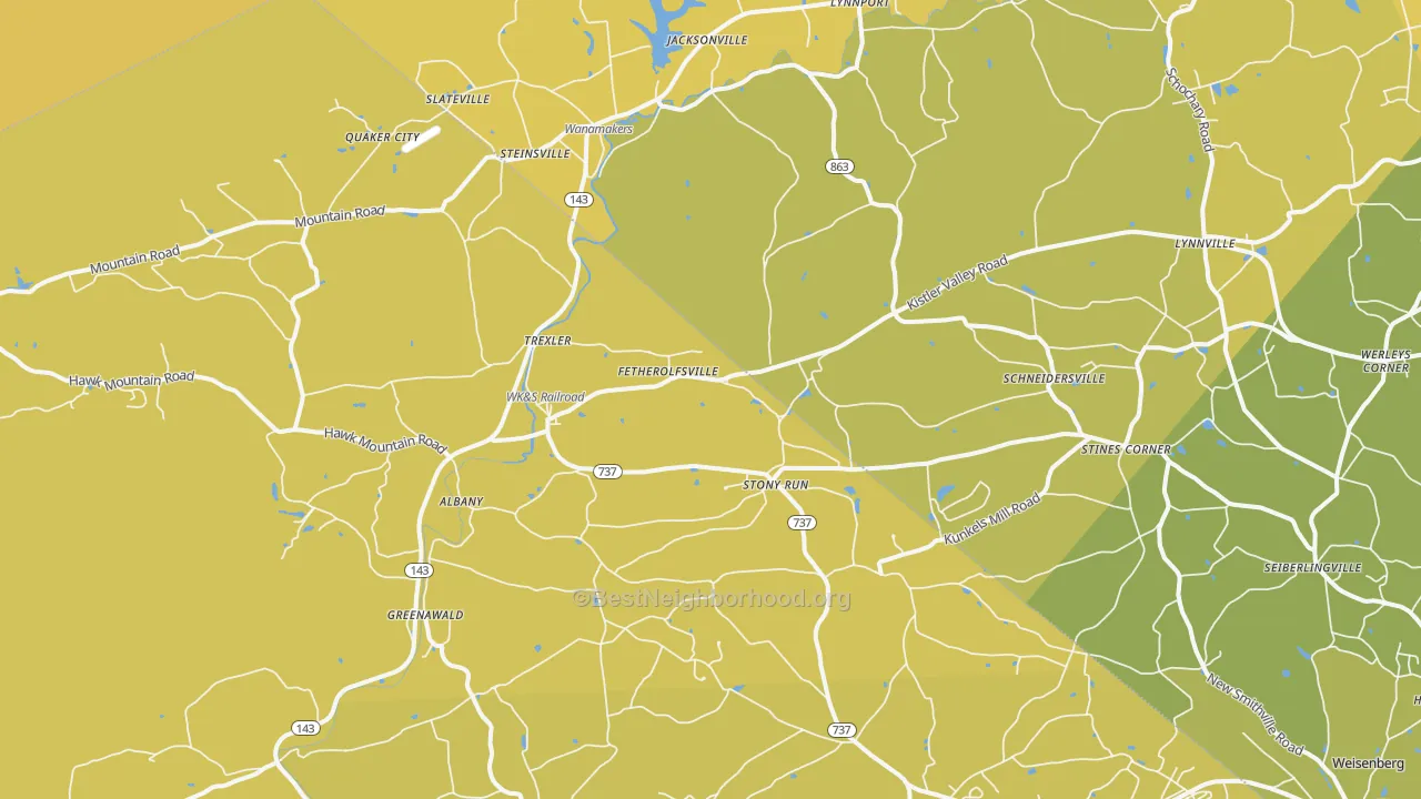 Map of the best neighborhoods in the 19529 area, with better matches in green and worse matches in red