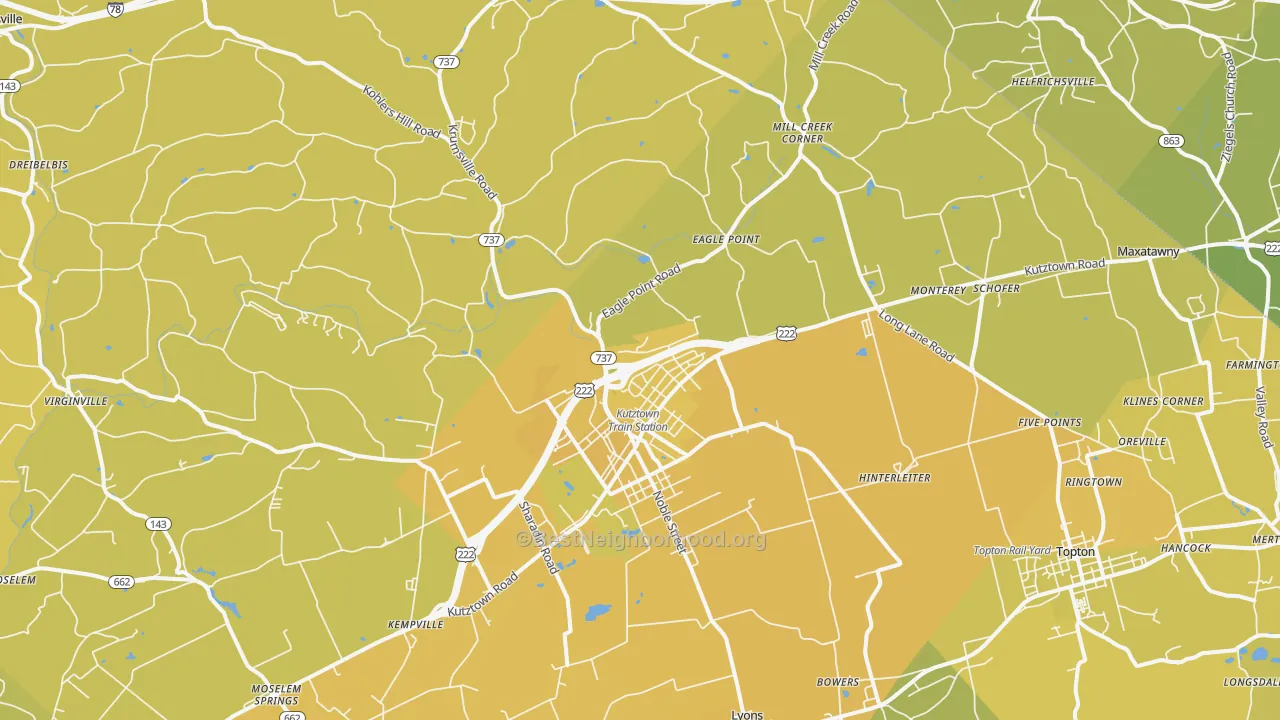 Map of the best neighborhoods in the 19530 area, with better matches in green and worse matches in red