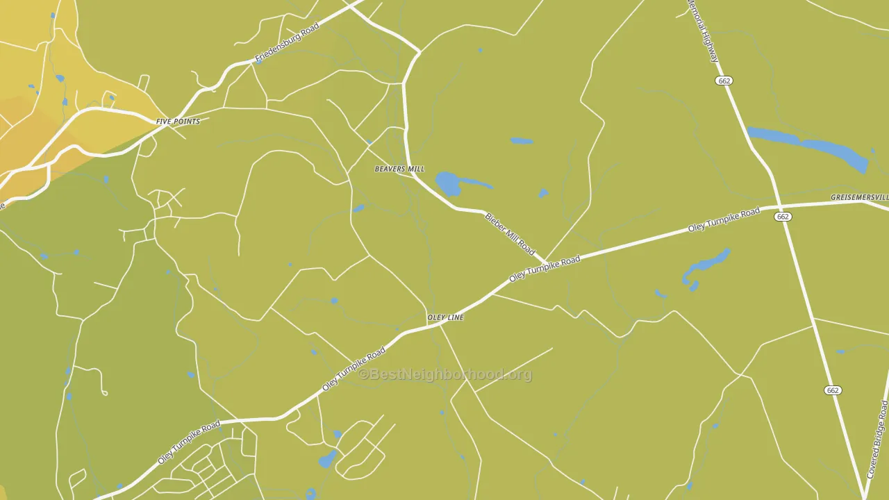 Map of the best neighborhoods in the 19535 area, with better matches in green and worse matches in red