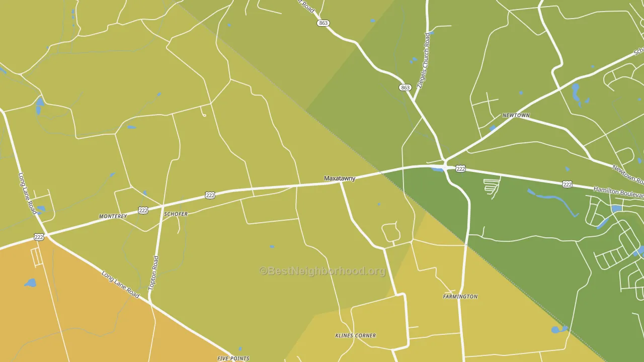 Map of the best neighborhoods in the 19538 area, with better matches in green and worse matches in red