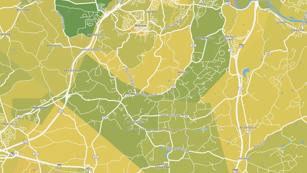 Map of the best neighborhoods in the 19540 area, with better matches in green and worse matches in red