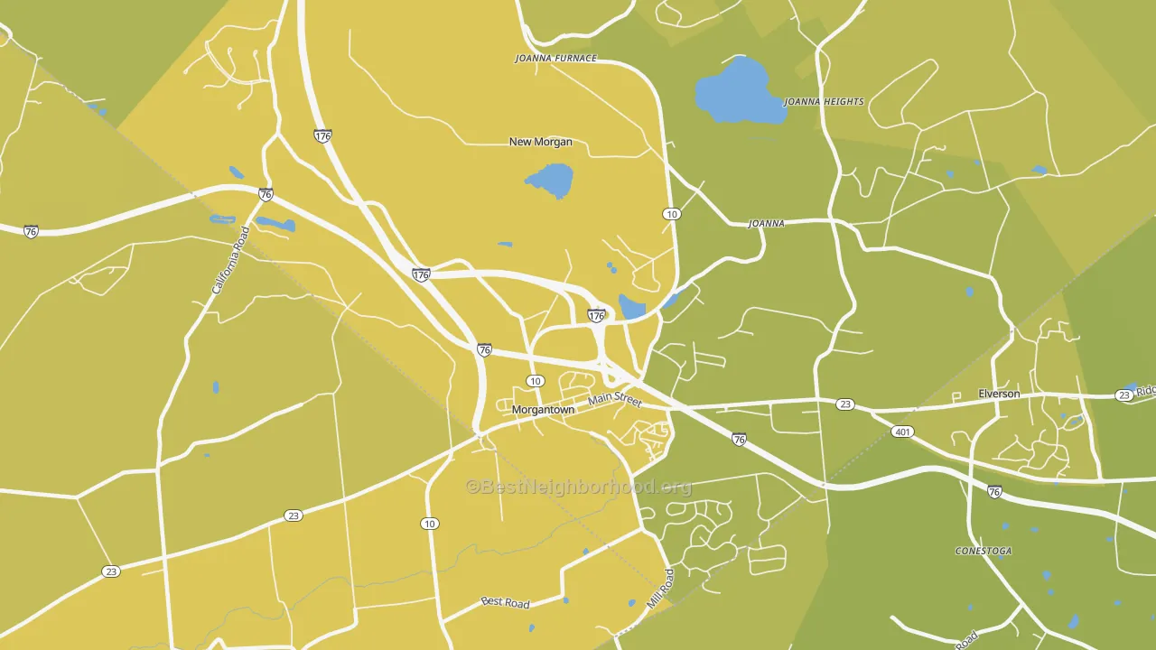 Map of the best neighborhoods in the 19543 area, with better matches in green and worse matches in red