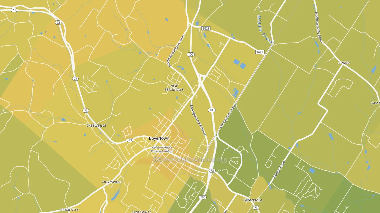 Map of the best neighborhoods in the 19545 area, with better matches in green and worse matches in red