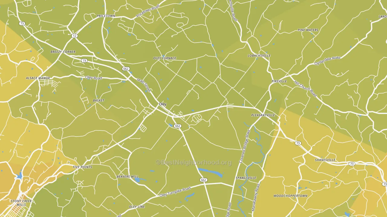 Map of the best neighborhoods in the 19547 area, with better matches in green and worse matches in red