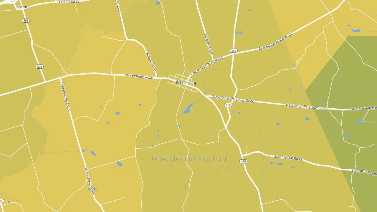Map of the best neighborhoods in the 19550 area, with better matches in green and worse matches in red