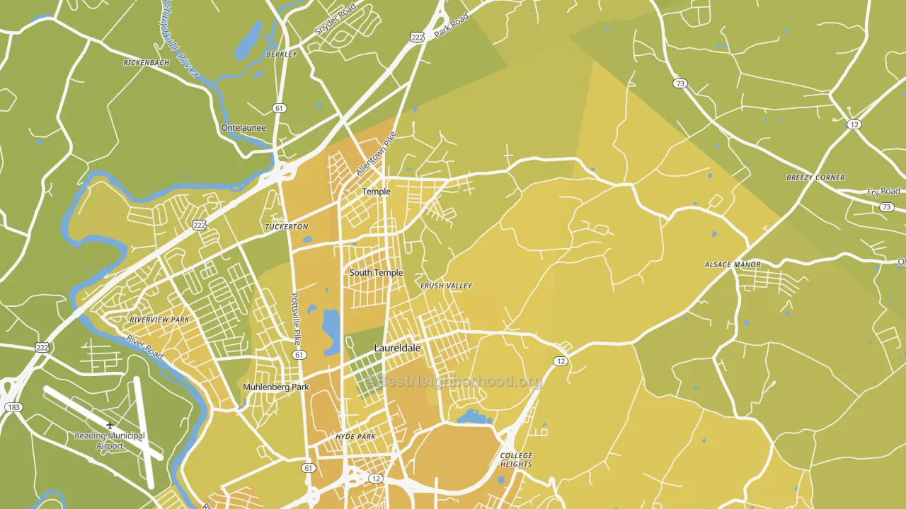 Map of the best neighborhoods in the 19560 area, with better matches in green and worse matches in red
